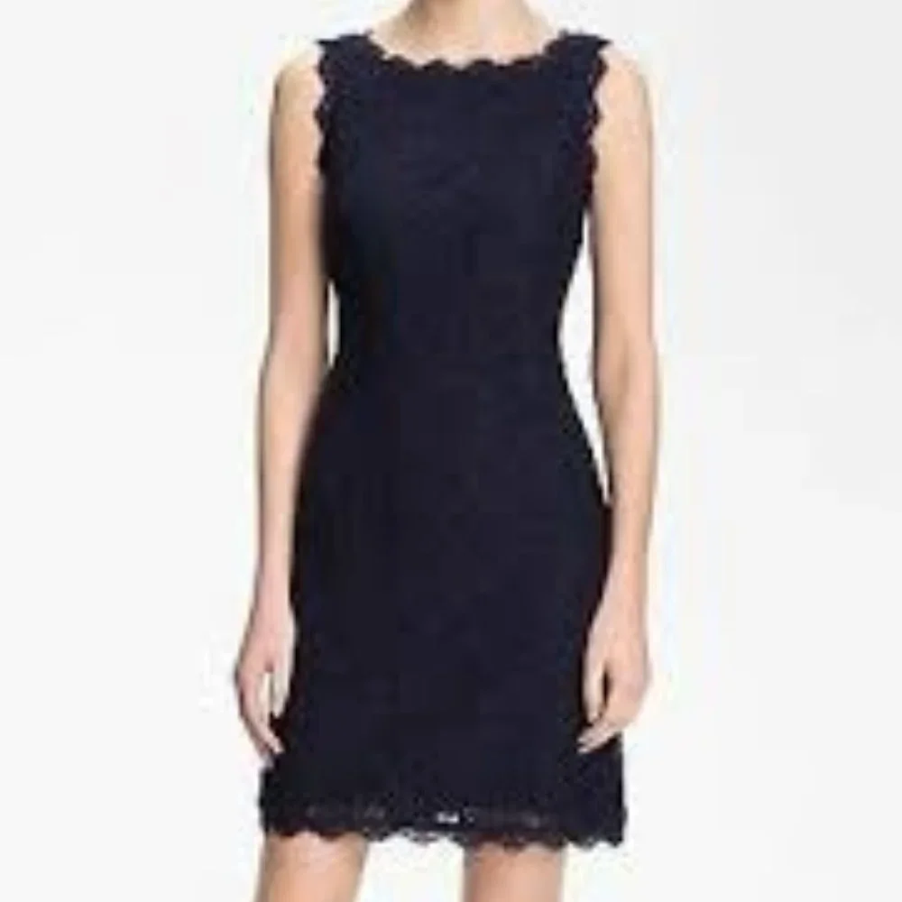 NWT Adrianna Papell Navy Sleeveless Scalloped Lace Sheath Dress Size 4 - Picture 2 of 12